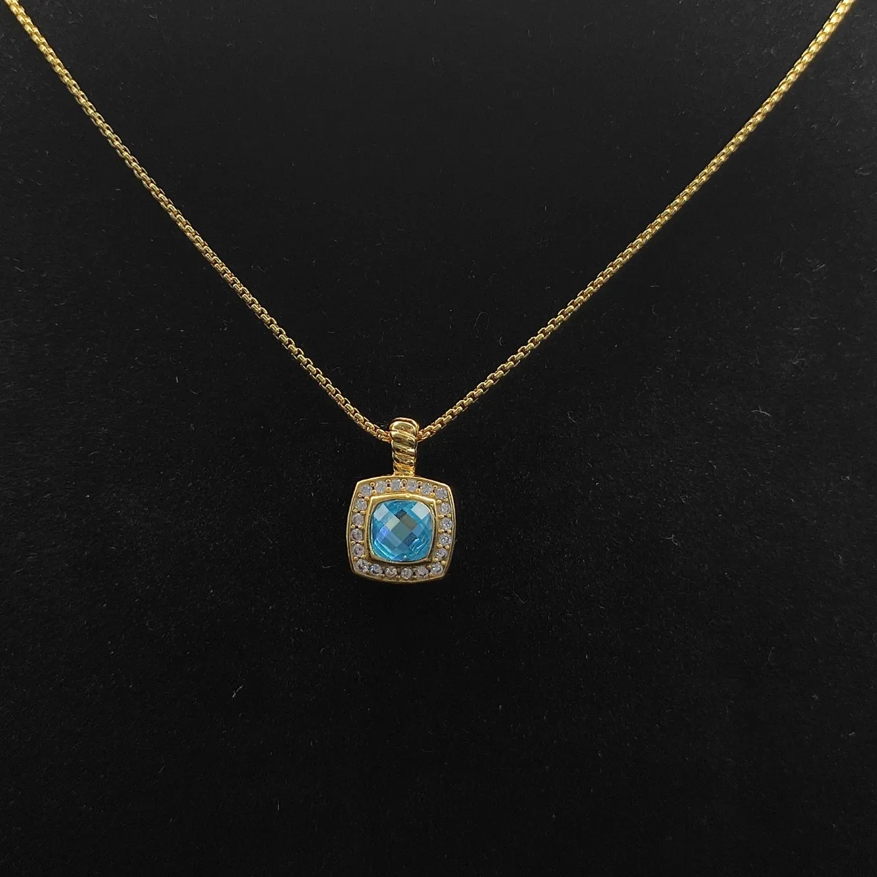 David Yurman Albion Topaze Bleue et Halo de Diamants Pendentif Collier 4