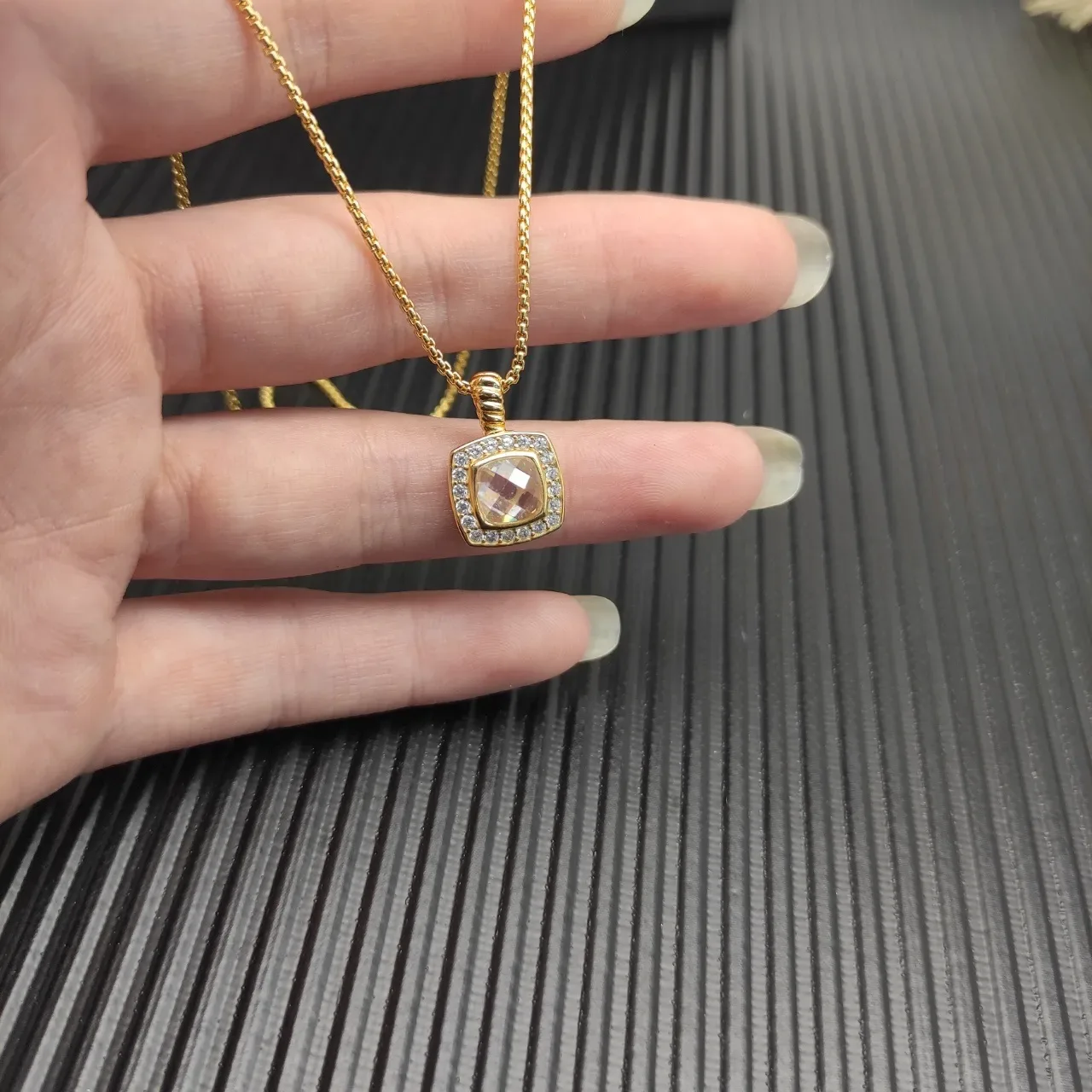 David Yurman Gold Beige Curb Chain Square Cushion-Cut Center Stone Necklace 7