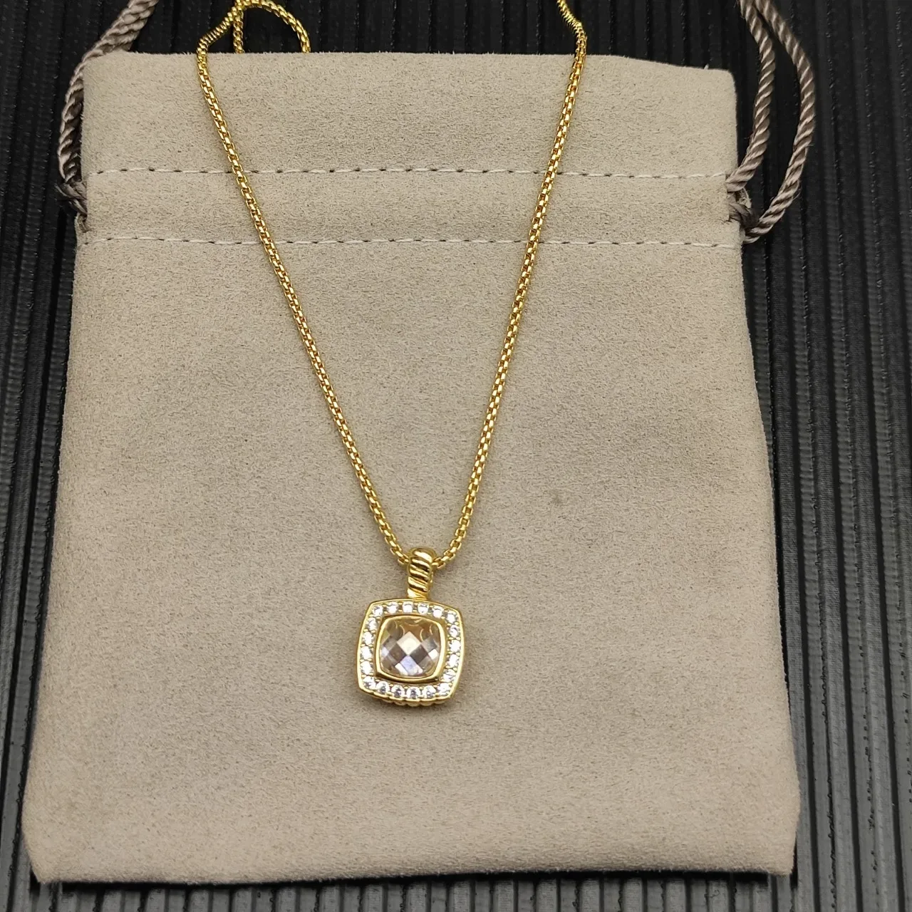 David Yurman Gold Beige Curb Chain Square Cushion-Cut Center Stone Necklace 8