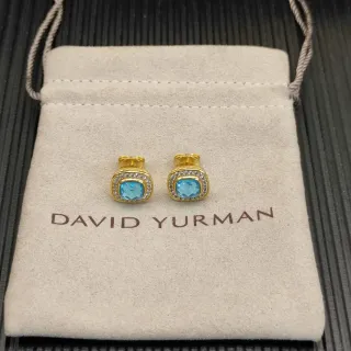 David Yurman Brincos com Pedra Azul de Corte Cushion, Dourado, Halo Pavê
