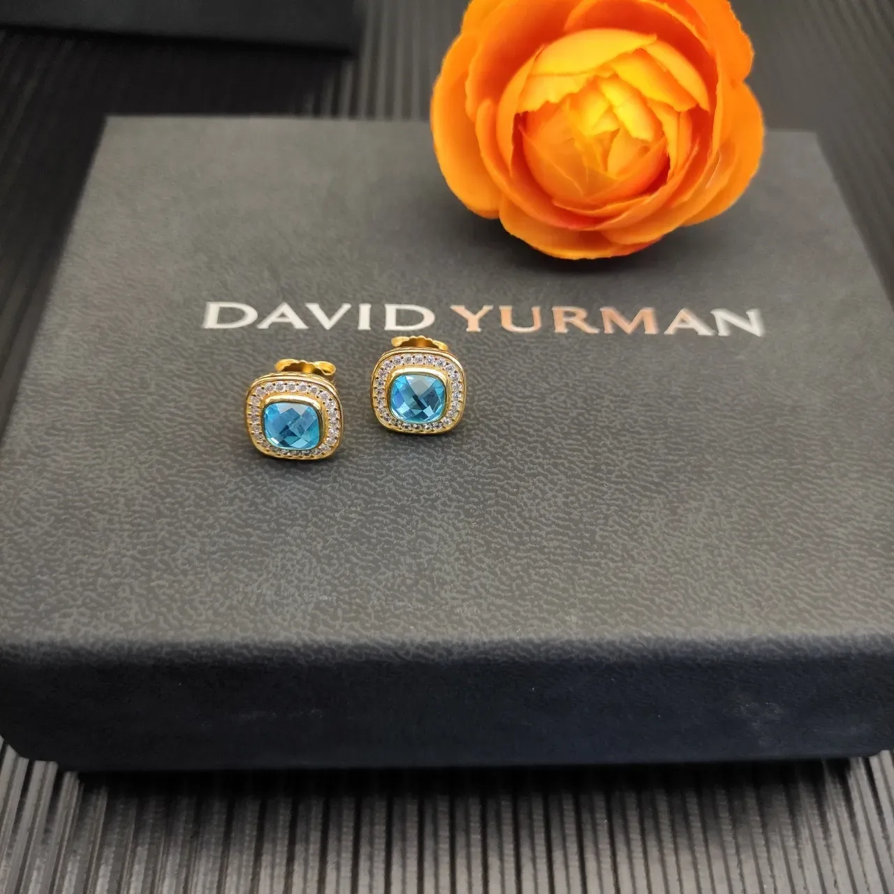 David Yurman Gold-Tone Cushion-Cut Blue Stone Pavé Halo Stud Earrings 8