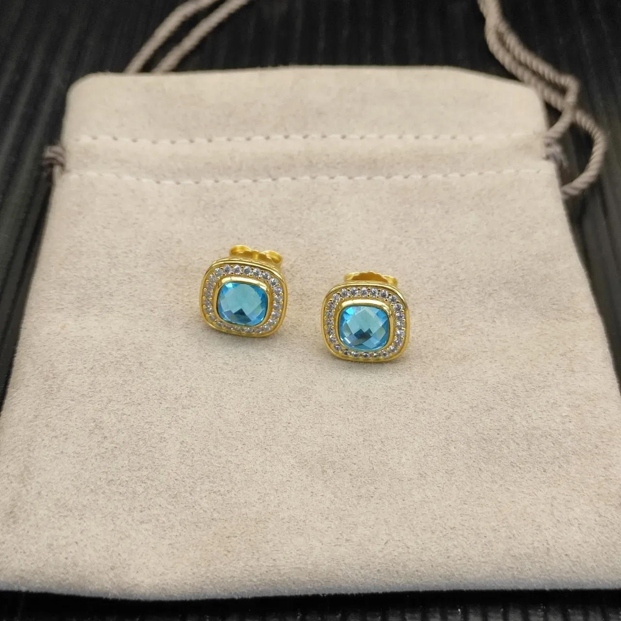David Yurman Gold-Tone Cushion-Cut Blue Stone Pavé Halo Stud Earrings 9