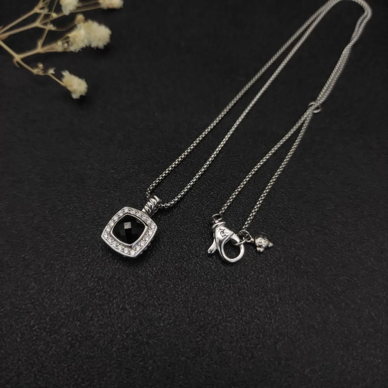 David Yurman Silver Black Cable Chain Pavé Halo Necklace 4