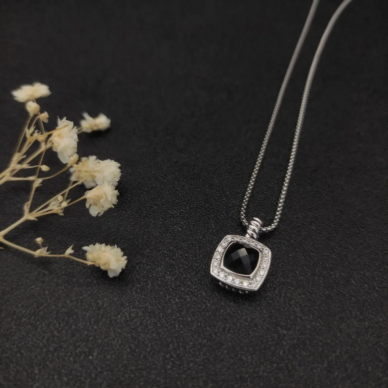 David Yurman Silver Black Cable Chain Pavé Halo Necklace 6