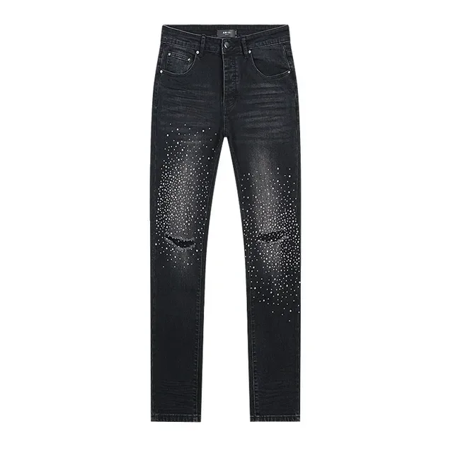 بنطلون جينز أسود distressed مع حجر الراينستون slim fit 2