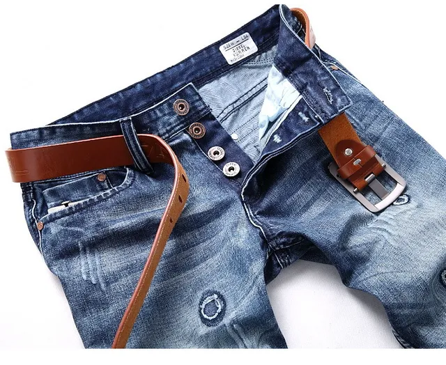 Distressed Mid-Rise Straight-Leg Button-Fly Blue Jeans 7