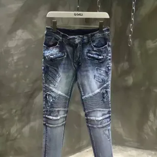 磨损摩托拼布灰色牛仔裤