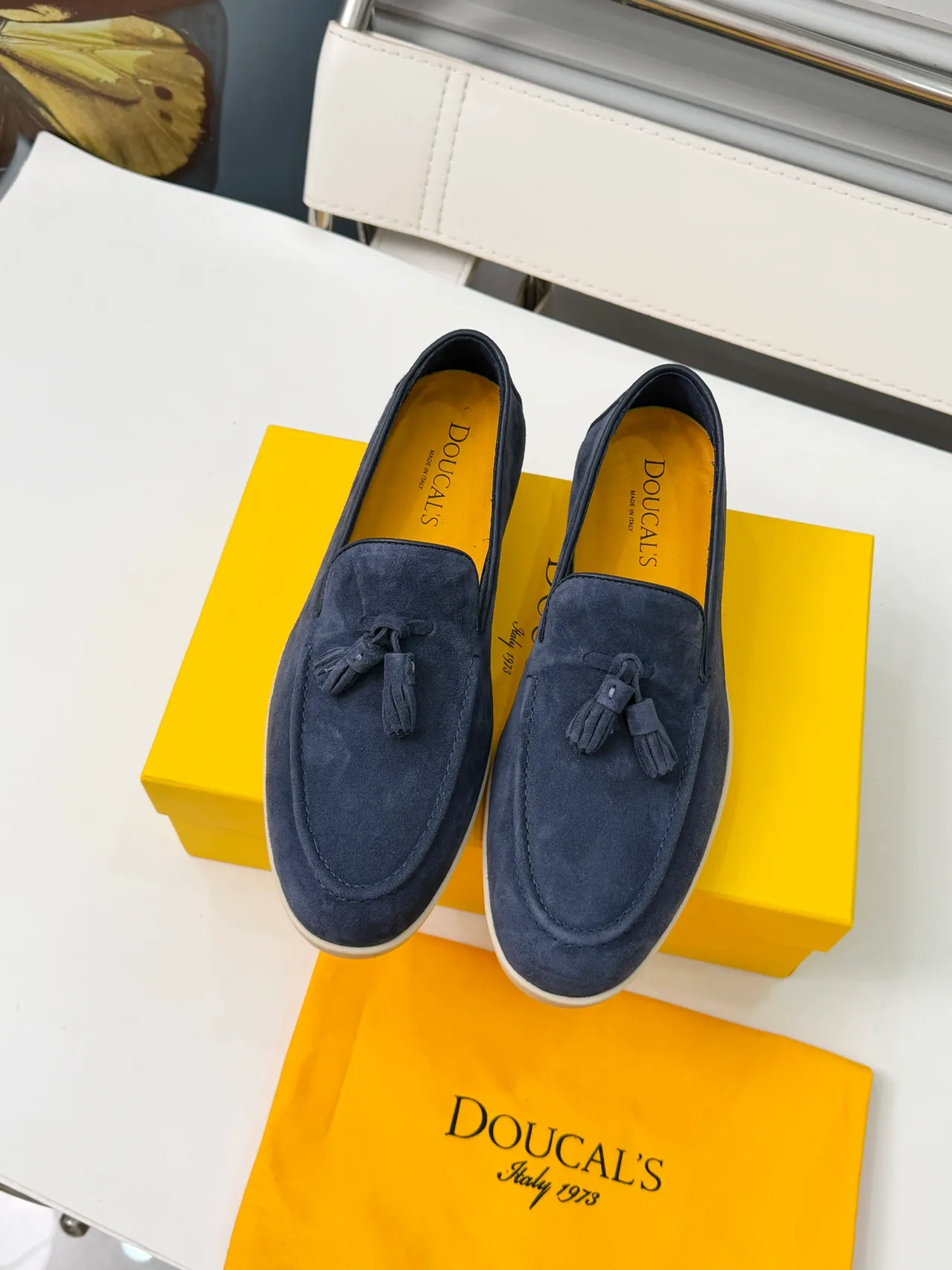Doucal's Navy Beige Suede Tassel Detail Loafer 5