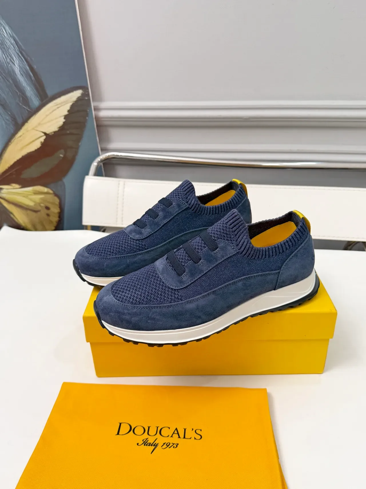 DOUCAL'S Navy Knit-and-Suede Laceless Slip-On Lifestyle Sneakers 3