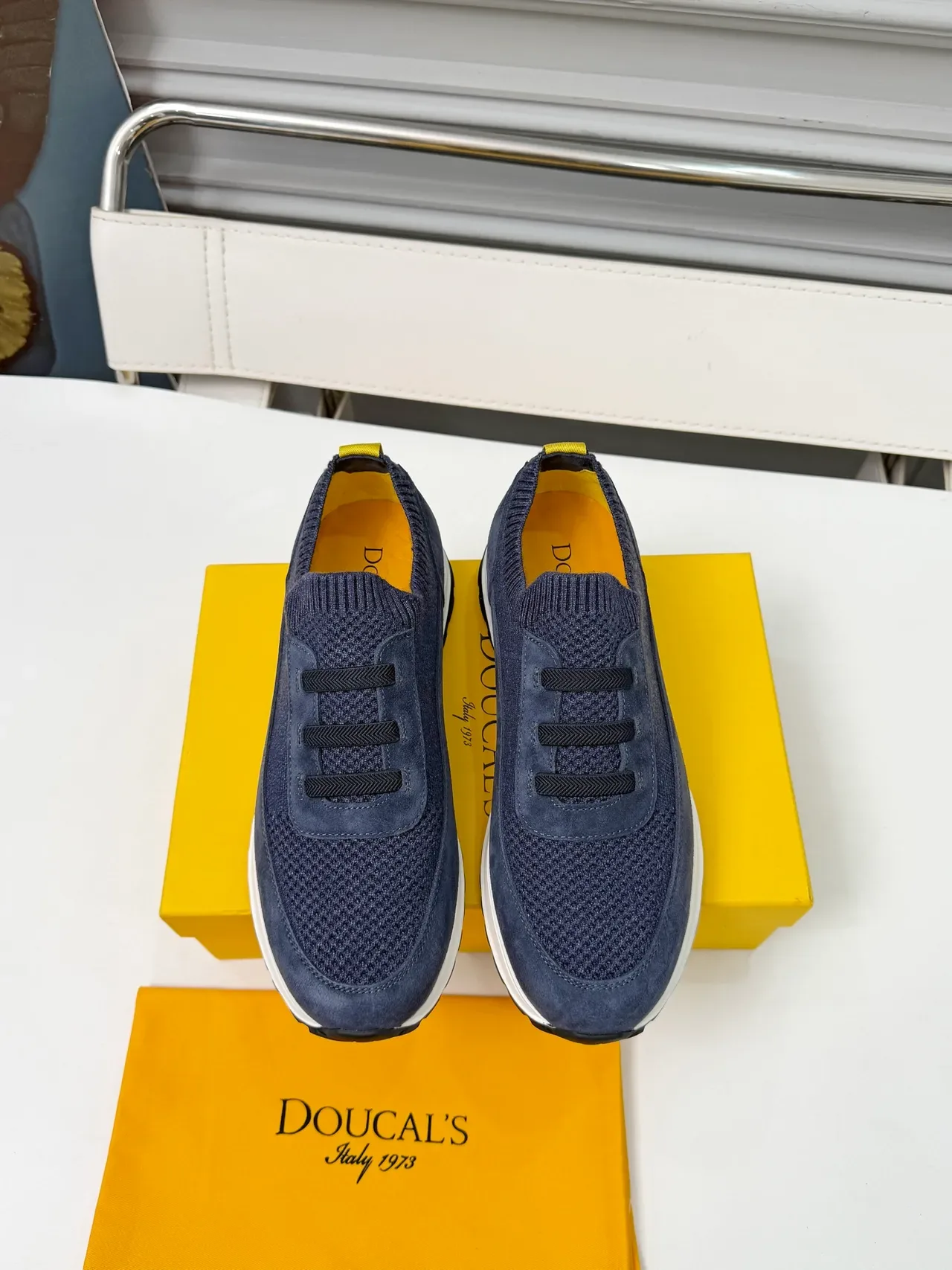 DOUCAL'S Navy Knit-and-Suede Laceless Slip-On Lifestyle Sneakers 4