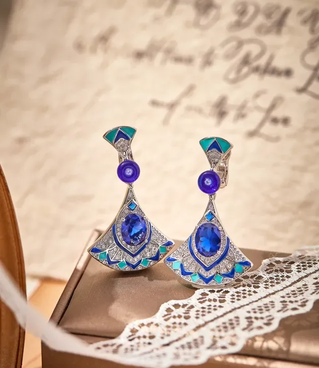 Fan-Shaped Enamel and Blue Gemstone Dangle Earrings 4