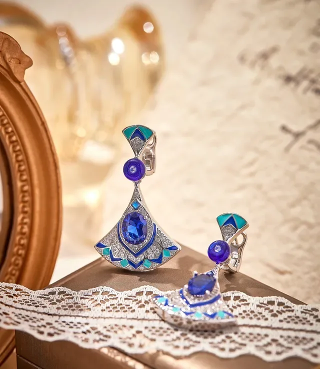 Fan-Shaped Enamel and Blue Gemstone Dangle Earrings 5