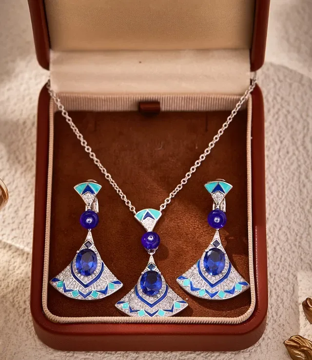 Fan-Shaped Enamel and Blue Gemstone Dangle Earrings 8