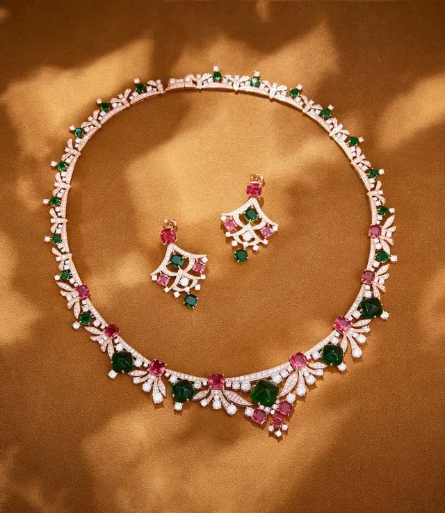 Floral Motif Emerald Ruby Diamond Collar Necklace 4