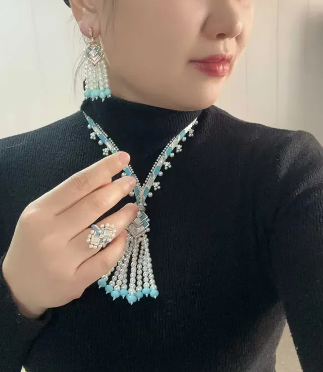 Geometric Pearl and Turquoise Enamel Ring 2
