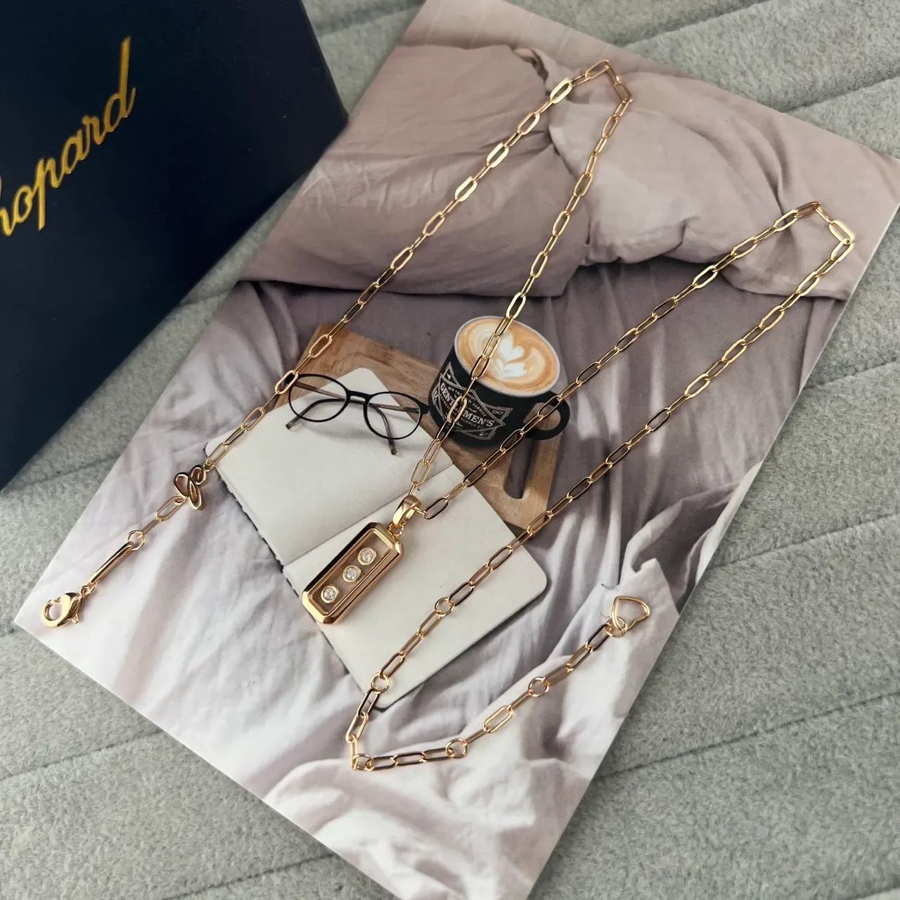 Gold and Silver Tone Rectangular Transparent Case Three-Stone Pendant Necklaces 4