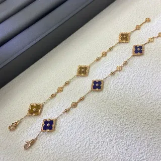 Gold Blue Chain Square Floral Enamel Links Bracelet