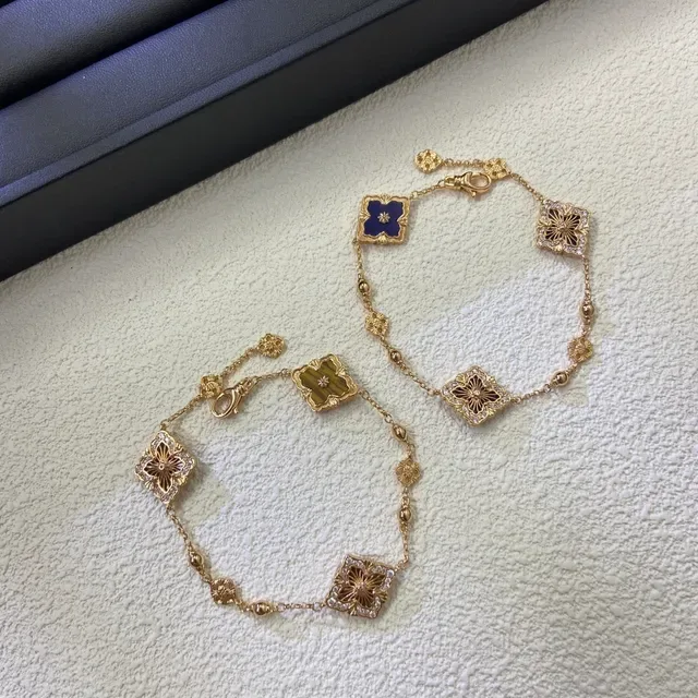 Gold Blue Chain Square Floral Enamel Links Bracelet 2