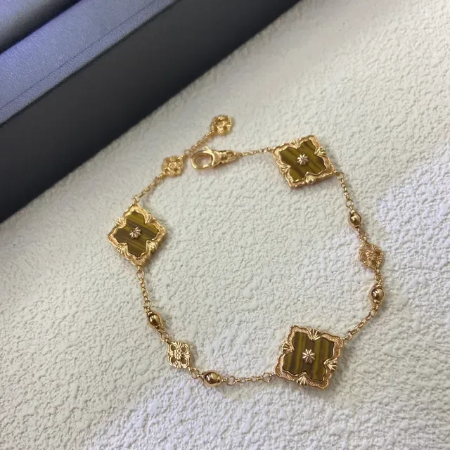 Gold Blue Chain Square Floral Enamel Links Bracelet 4