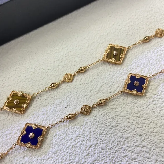 Gold Blue Chain Square Floral Enamel Links Bracelet 5
