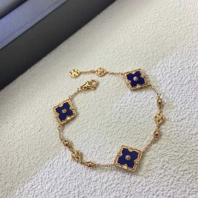 Gold Blue Chain Square Floral Enamel Links Bracelet 6