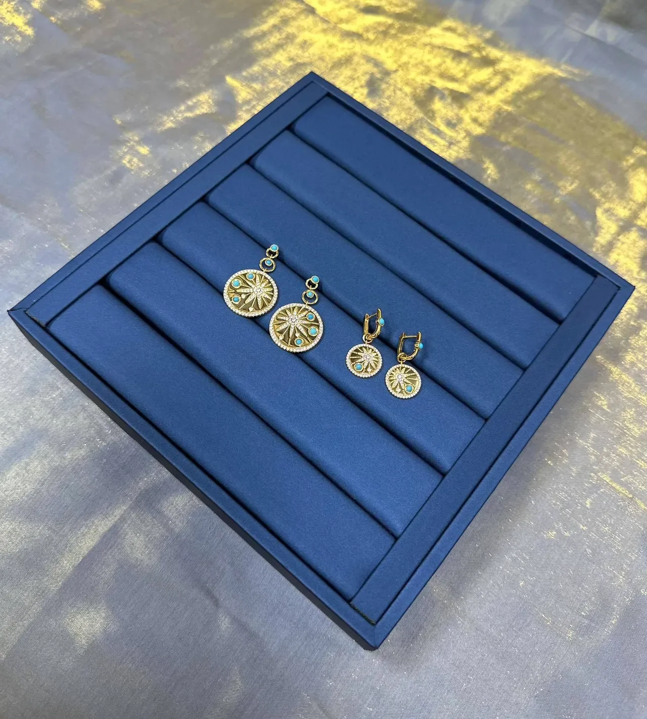 Gold Blue Circular Medallion Earrings 8