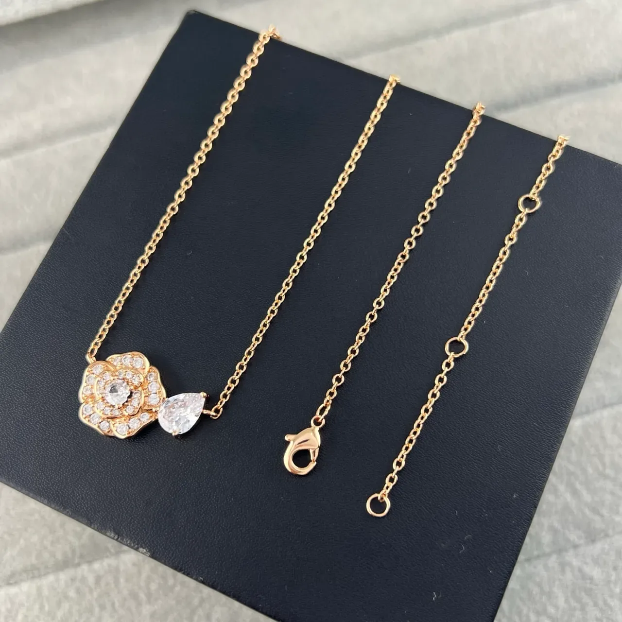Gold Silver Floral Camellia Pendant Pear-Shaped Drop Stone Necklace 4