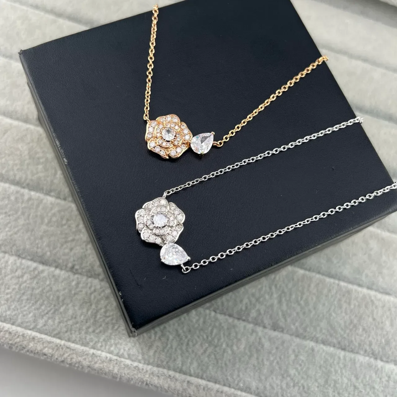 Gold Silver Floral Camellia Pendant Pear-Shaped Drop Stone Necklace 5