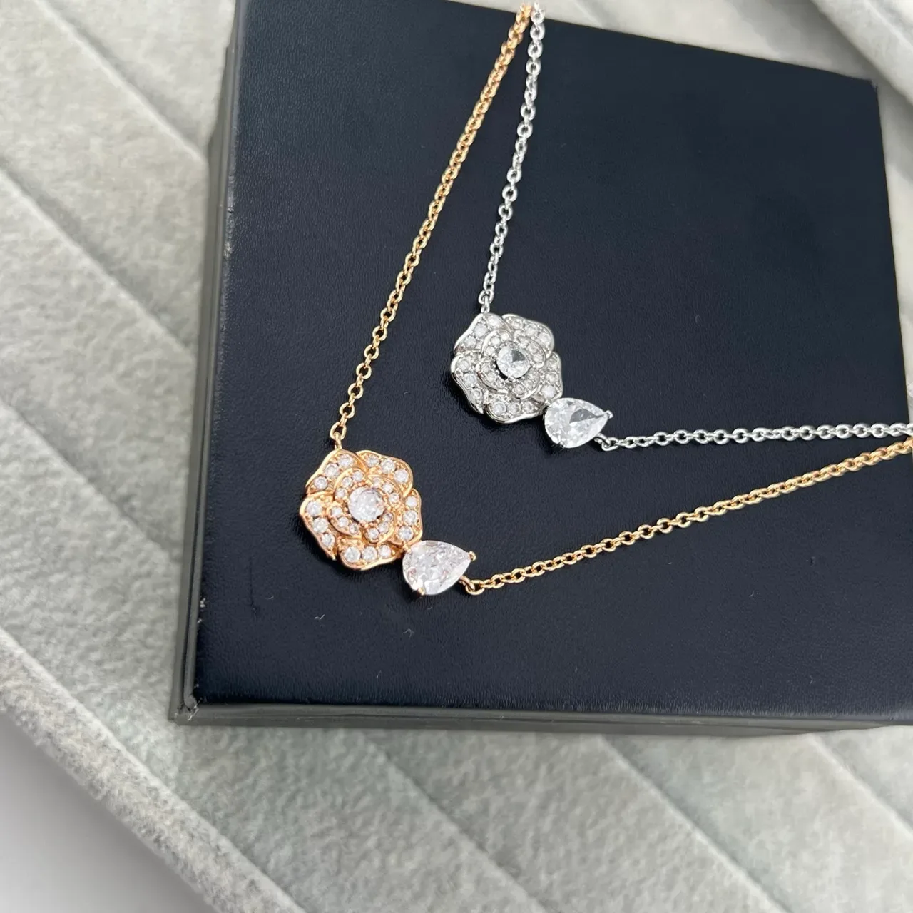 Gold Silver Floral Camellia Pendant Pear-Shaped Drop Stone Necklace 6
