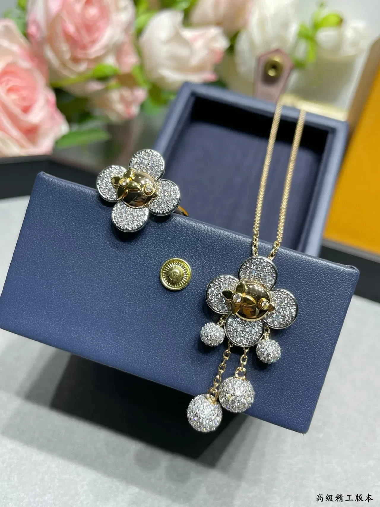 Gold Silver Floral Pendant Pavé-Set Necklace 3