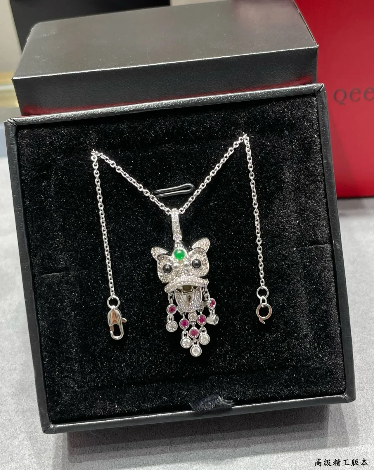 Gold Silver Lion-Dance Mask Motif Pavé-Set Gemstones Necklace 3