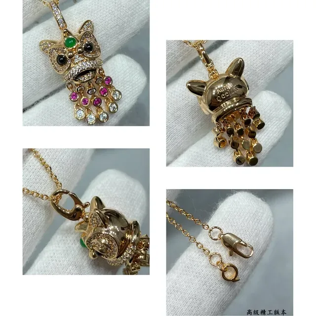 Gold Silver Lion-Dance Mask Motif Pavé-Set Gemstones Necklace 5