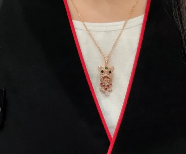 Gold Silver Lion-Dance Mask Motif Pavé-Set Gemstones Necklace 8