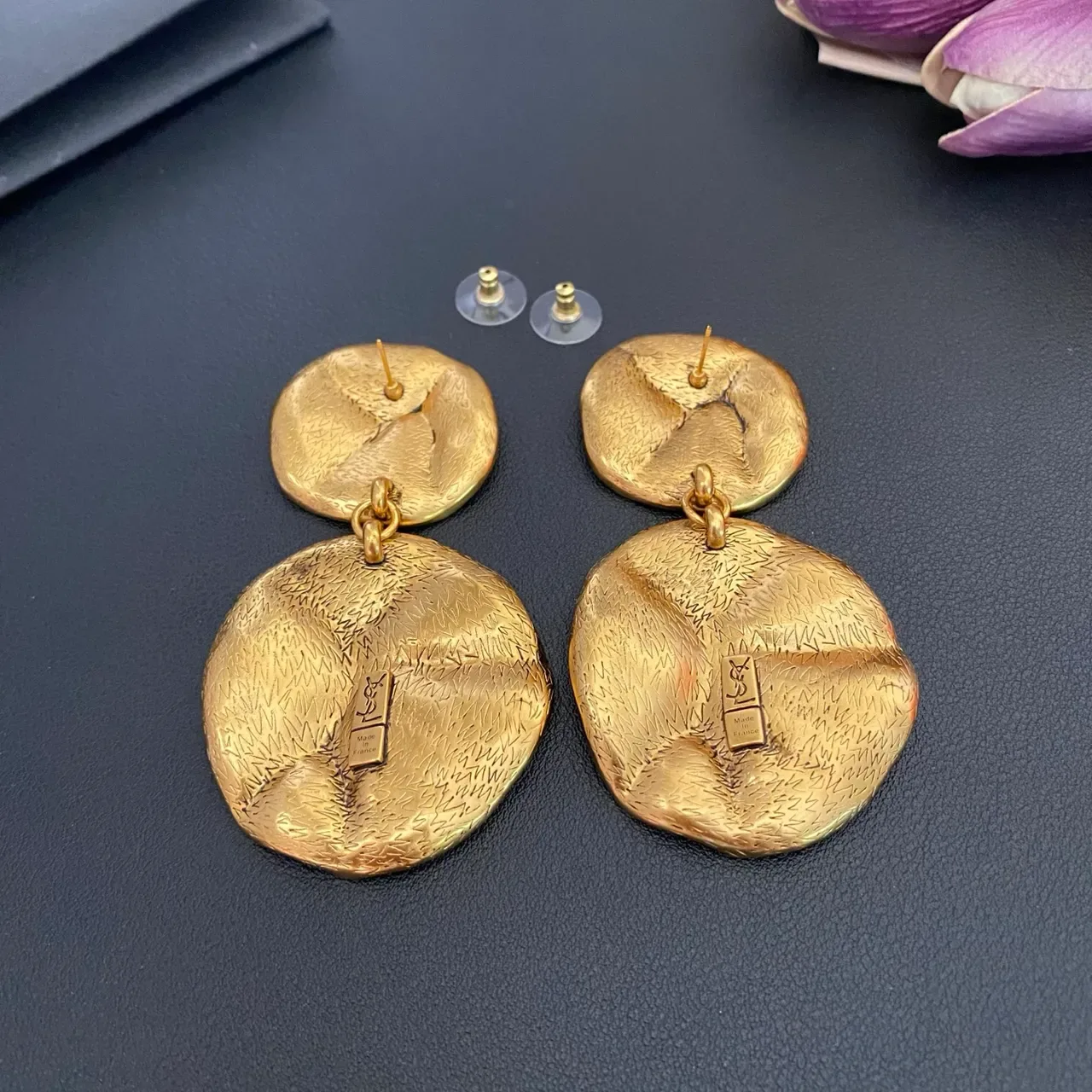 Gold Textured Leaf Motif Two-Tier Drop Earrings 4