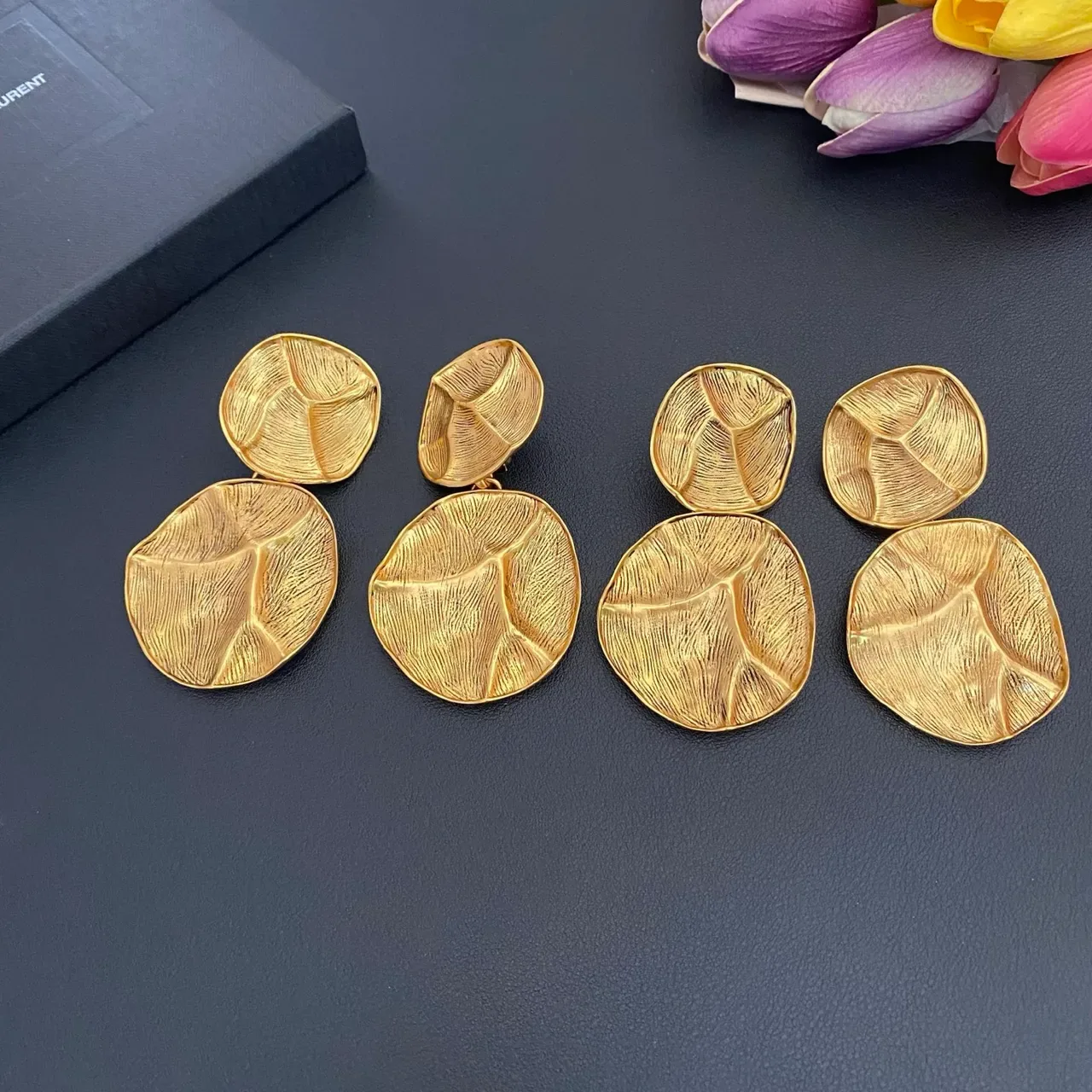 Gold Textured Leaf Motif Two-Tier Drop Earrings 5