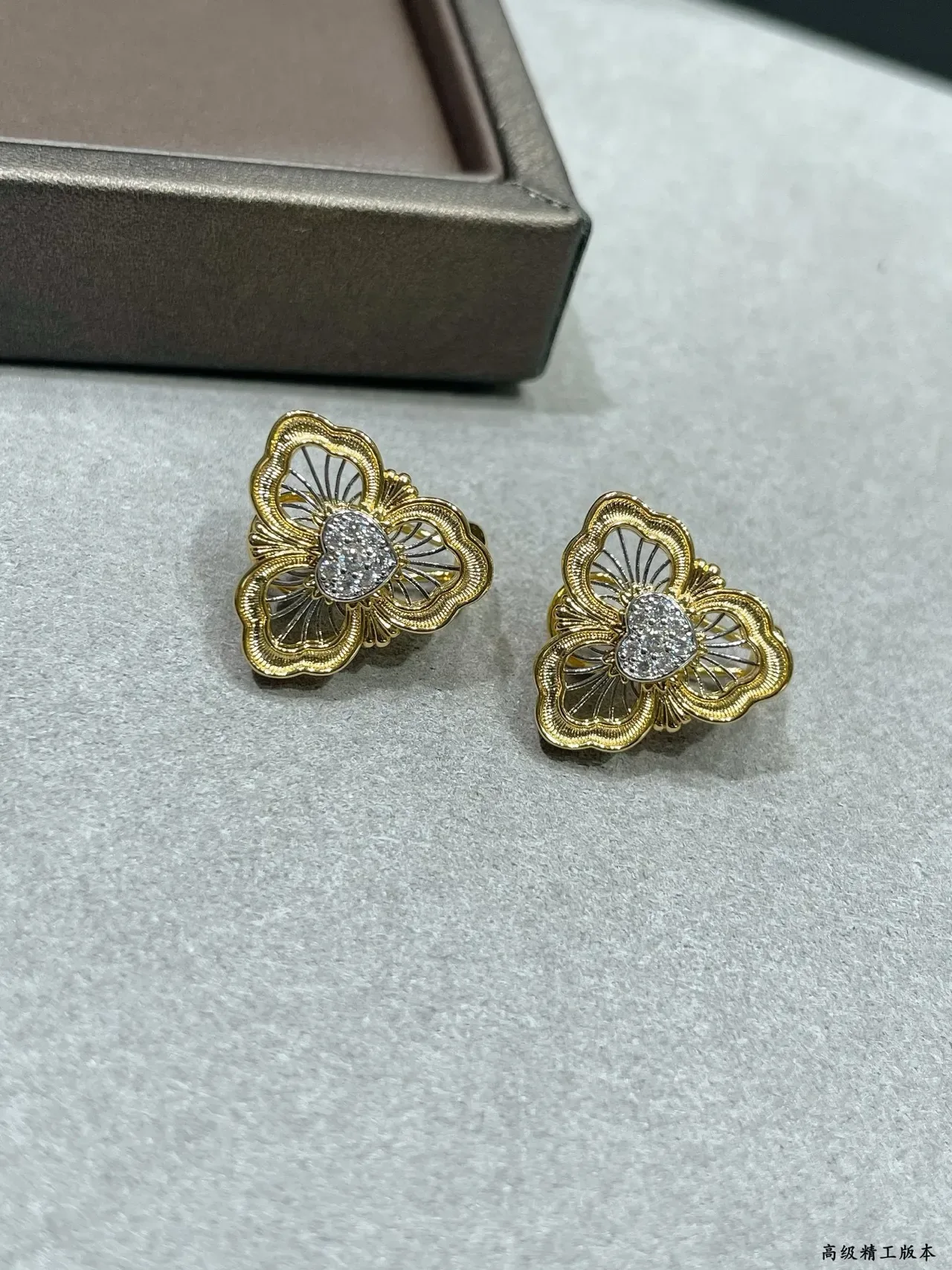 Gold-Tone Floral Pavé Heart Stud Earring 7
