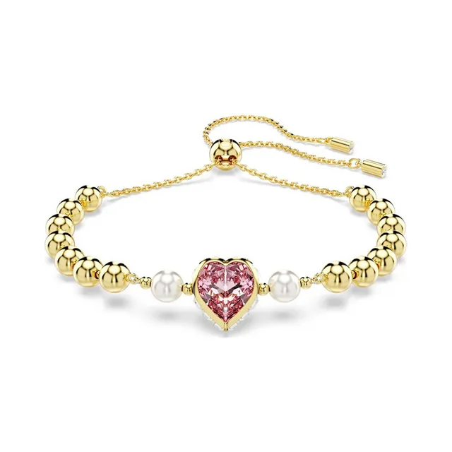 Brincos de coração em tom dourado com cristal rosa e pérola pendentes 5