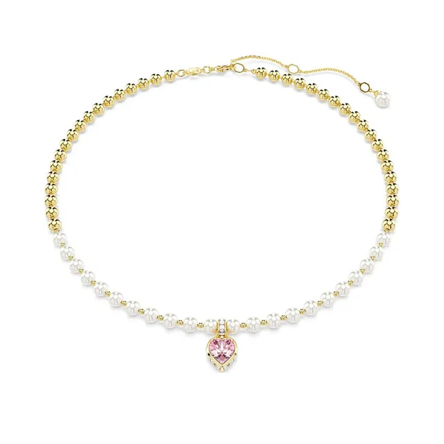 Brincos de coração em tom dourado com cristal rosa e pérola pendentes 7