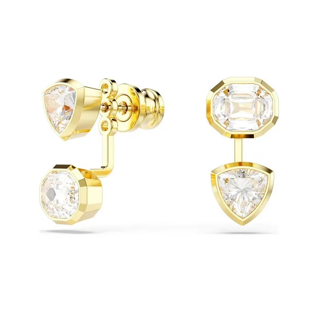 Brincos de coração em tom dourado com cristal rosa e pérola pendentes 13