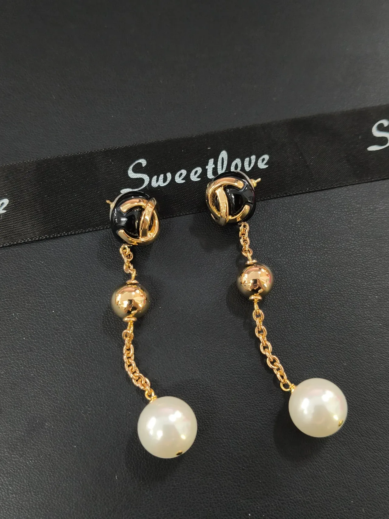 Gold-Tone Logo Stud Pearl Drop Chain Earrings 2