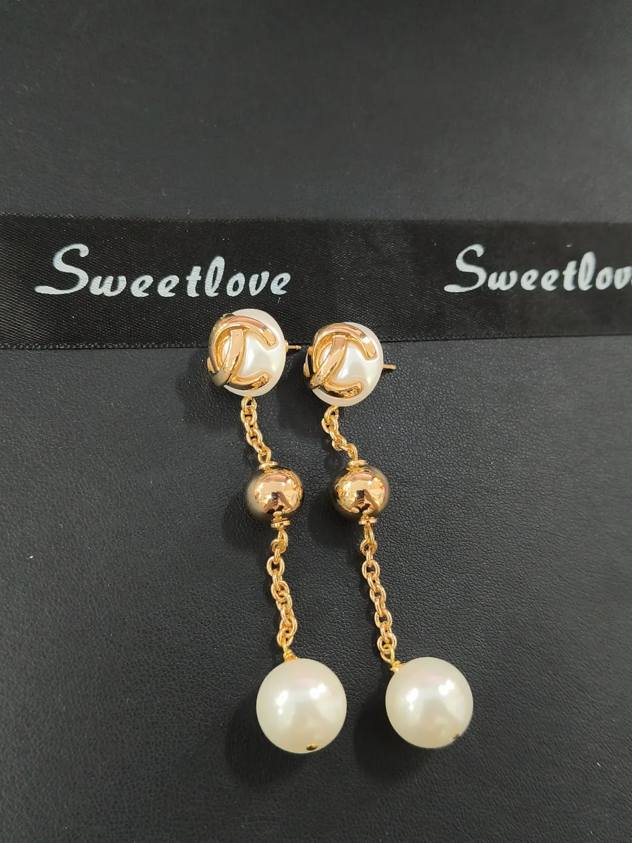 Gold-Tone Logo Stud Pearl Drop Chain Earrings 3