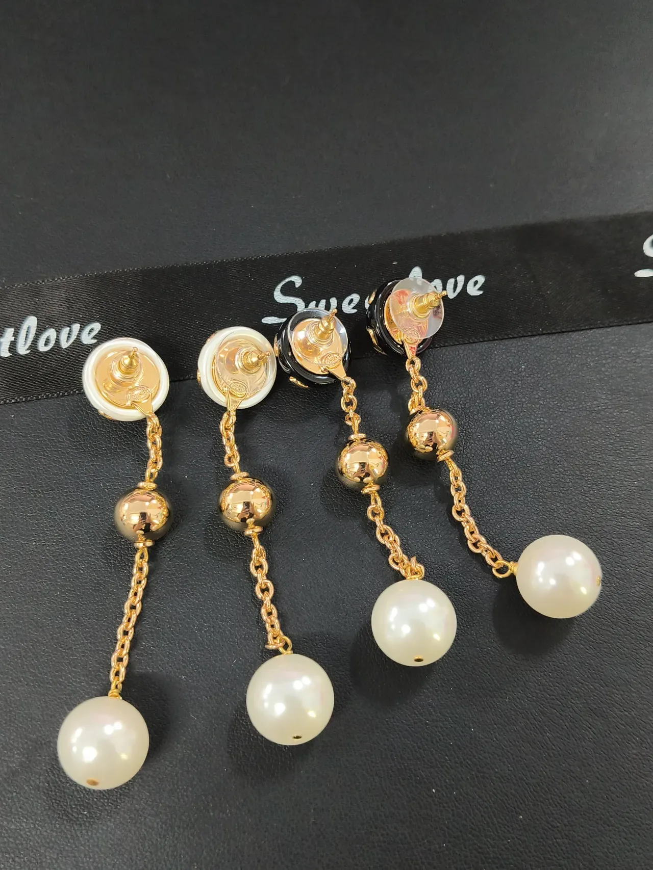 Gold-Tone Logo Stud Pearl Drop Chain Earrings 4