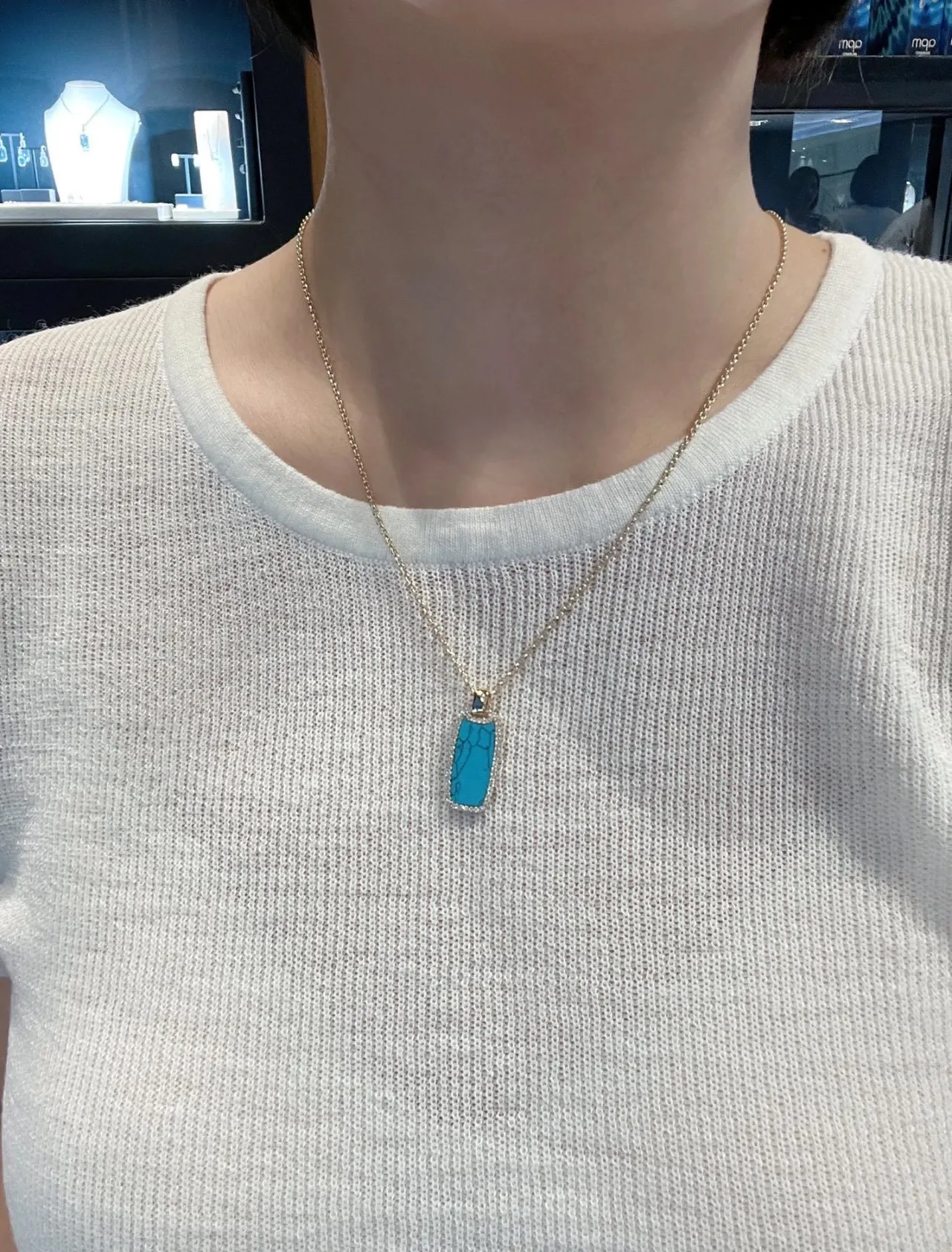 Gold-Tone Rectangular Turquoise Pavé Pendant Necklace 5
