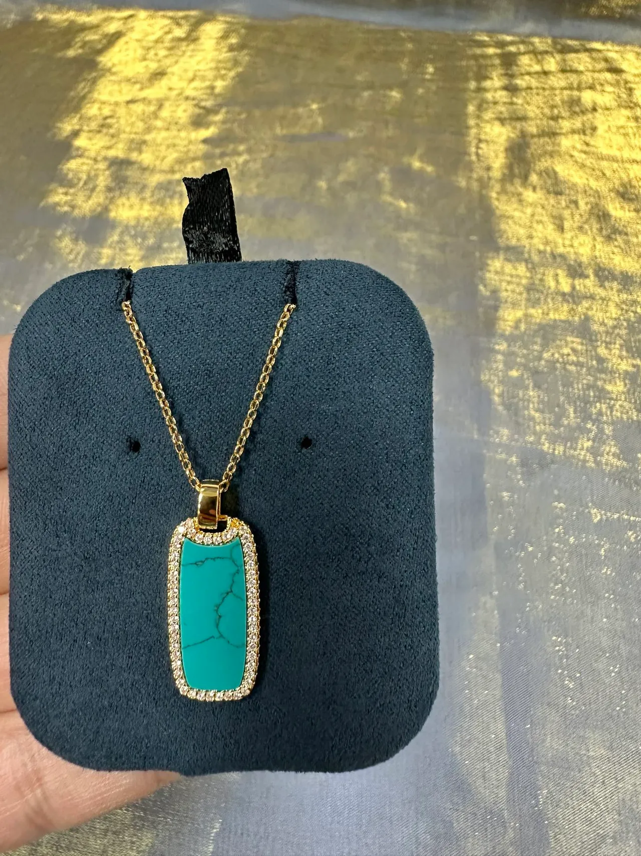 Gold-Tone Rectangular Turquoise Pavé Pendant Necklace 7