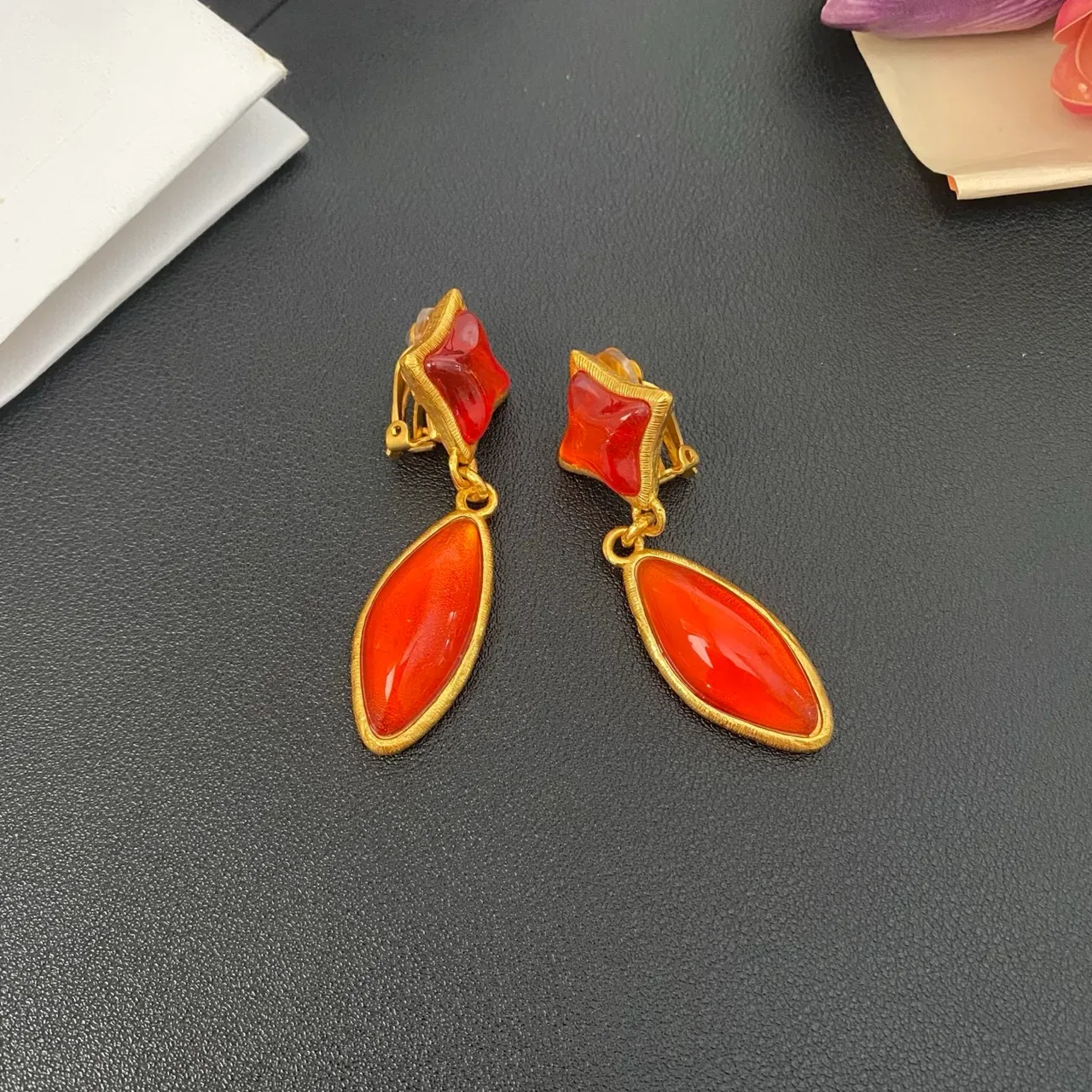 Gold-Tone Two-Stone Red Drop Earrings 5