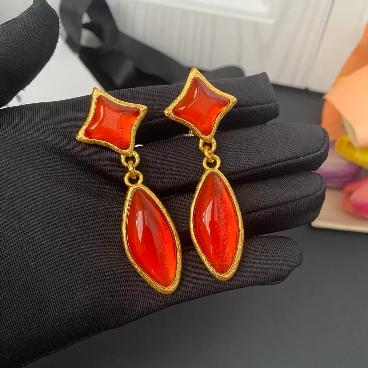 Gold-Tone Two-Stone Red Drop Earrings 6