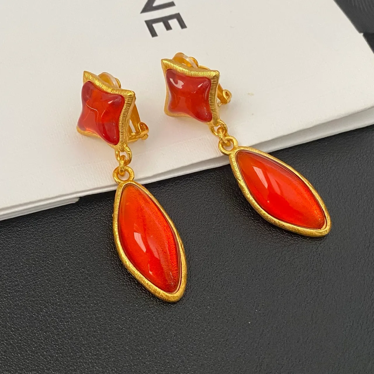 Gold-Tone Two-Stone Red Drop Earrings 7
