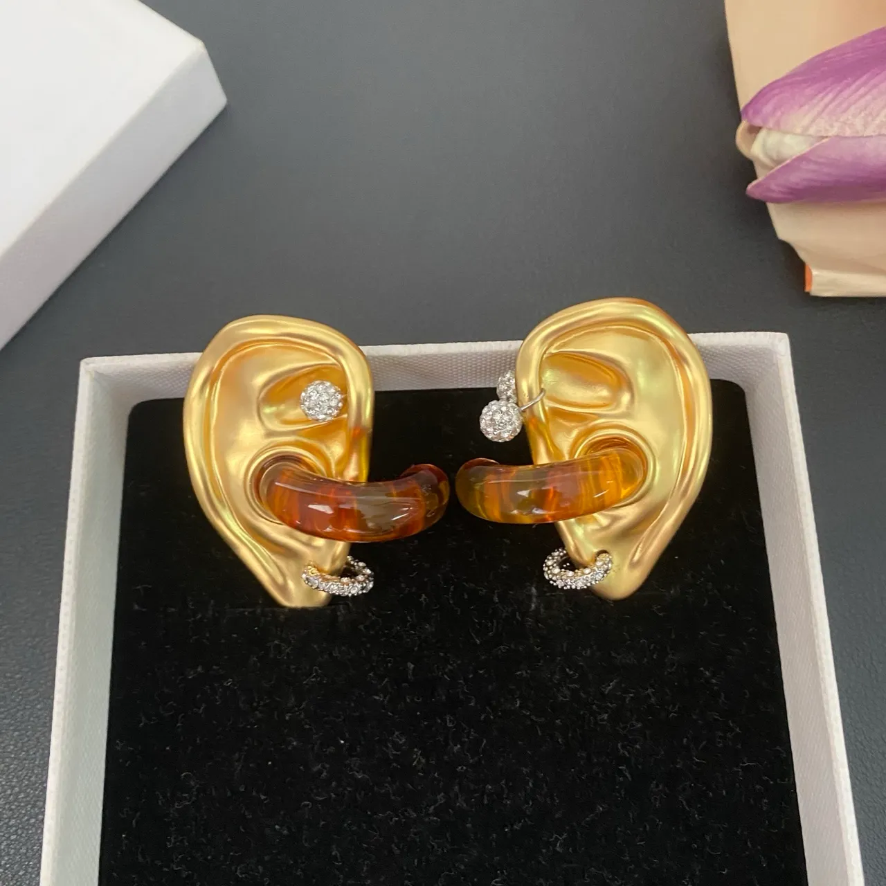 Gold Transparent Ear-Shaped Sculptural Metal Earrings 7