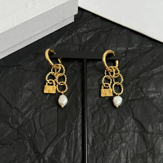 Gold White Hoop Chain-Dangle Earrings 2