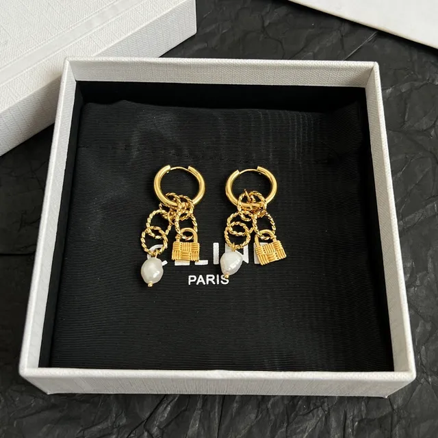 Gold White Hoop Chain-Dangle Earrings 3